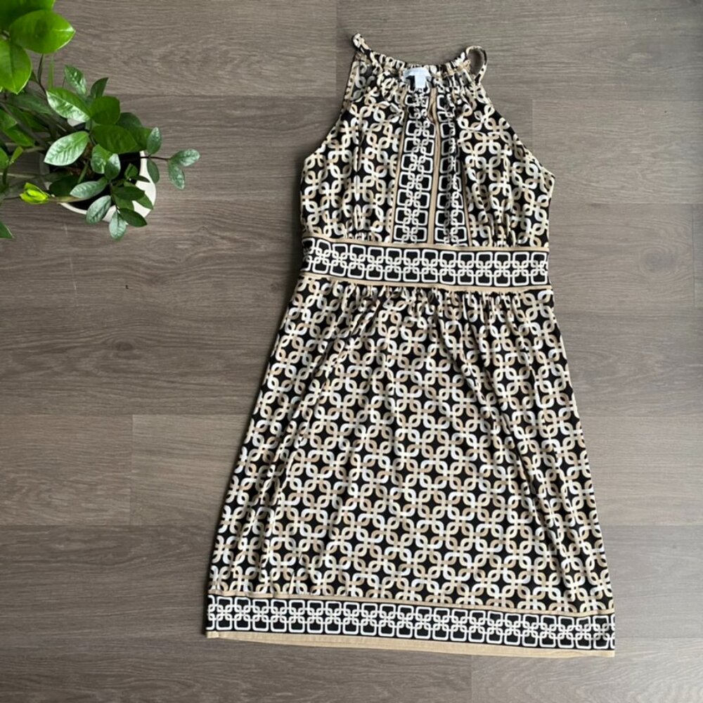 New York & Company Neutral Geometric Mini Dress with Key-Hole Neckline Detail